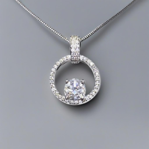 Timeless Moissanite Circle Necklace. Sterling Silver 1 CT Moissanite