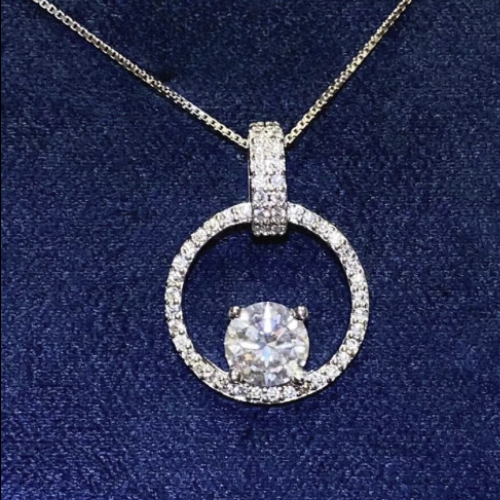 Timeless Moissanite Circle Necklace. Sterling Silver 1 CT Moissanite