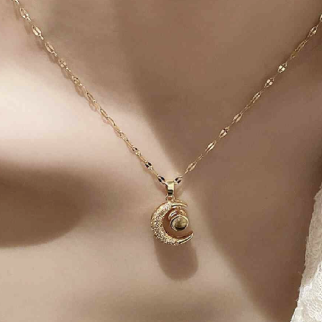 Inlaid Cubic Zirconia Dangling Moon Pendant Necklace