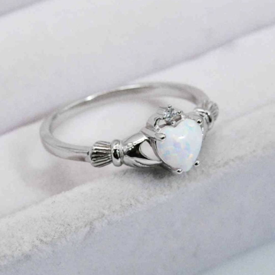 Sterling Silver Opal Heart Claddagh Ring