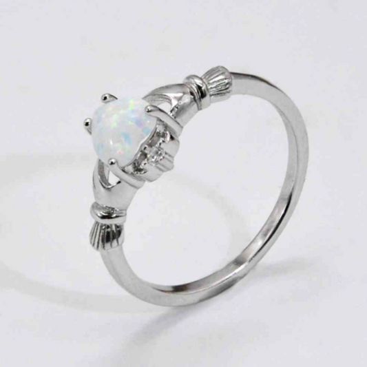 Sterling Silver Opal Heart Claddagh Ring