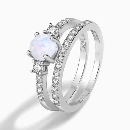 Sterling Silver Opal Half Eternity and White Opal Zircon Accent Ring Set