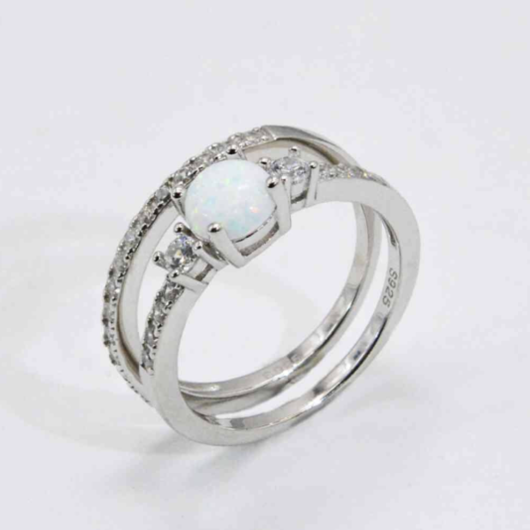 Sterling Silver Opal Half Eternity and White Opal Zircon Accent Ring Set