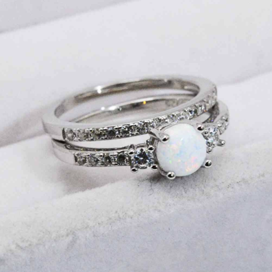 Sterling Silver Opal Half Eternity and White Opal Zircon Accent Ring Set