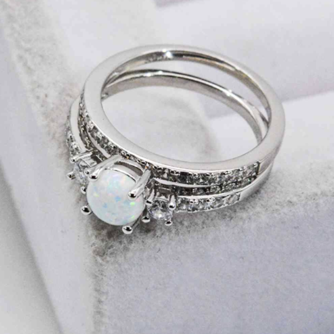 Sterling Silver Opal Half Eternity and White Opal Zircon Accent Ring Set