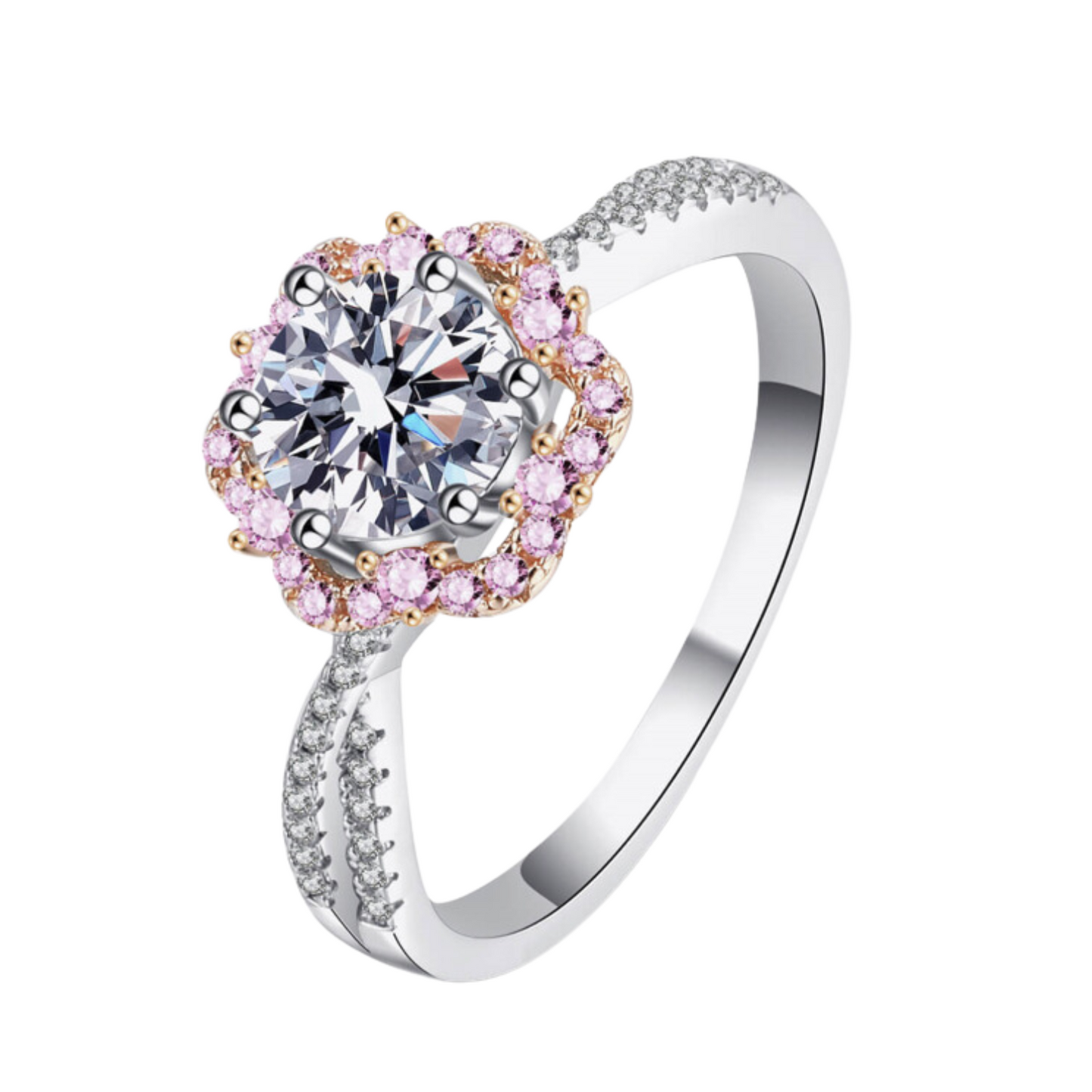 Spring Blossom Pink Accent 1 Ct Moissanite Two-tone Crisscross Ring