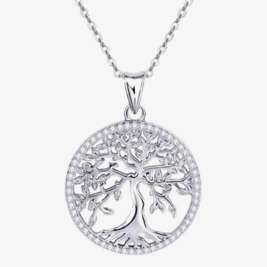 Sterling Silver Moissanite Circle Tree Pendant Necklace