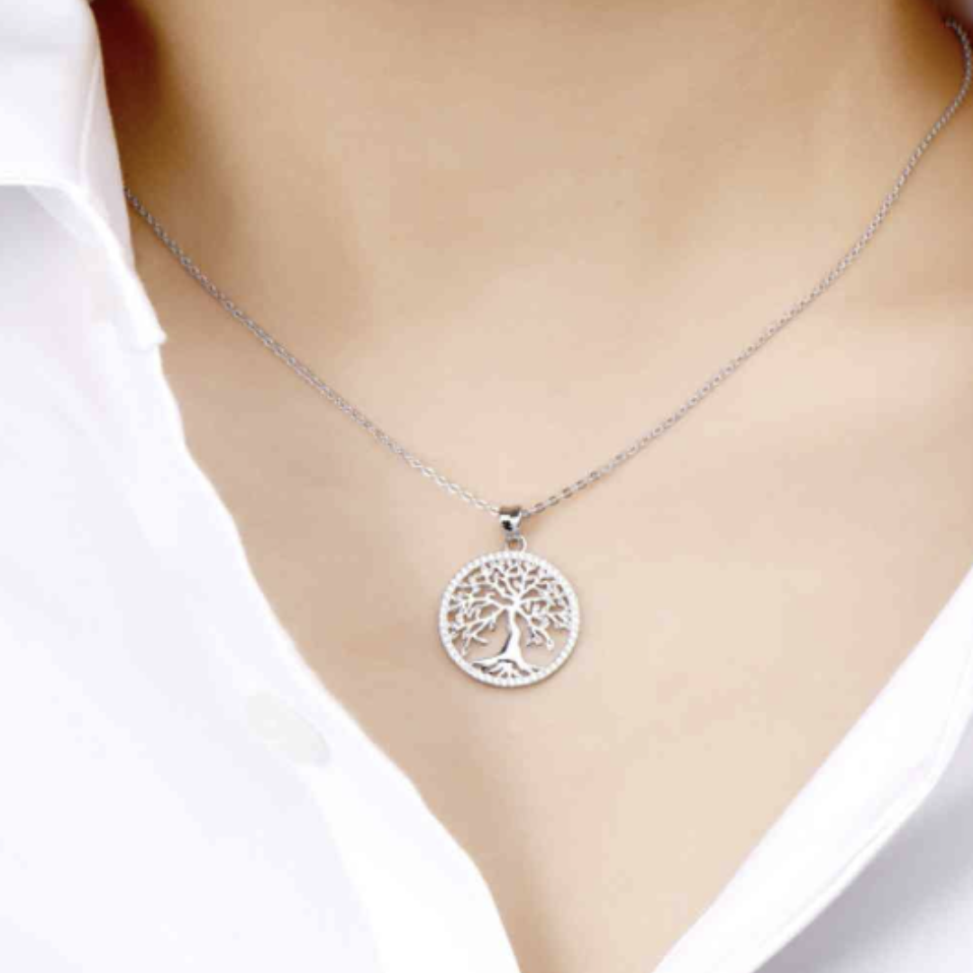 Sterling Silver Moissanite Circle Tree Pendant Necklace