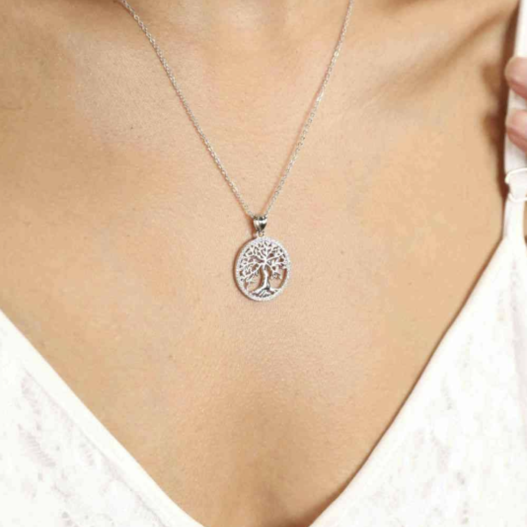 Sterling Silver Moissanite Circle Tree Pendant Necklace