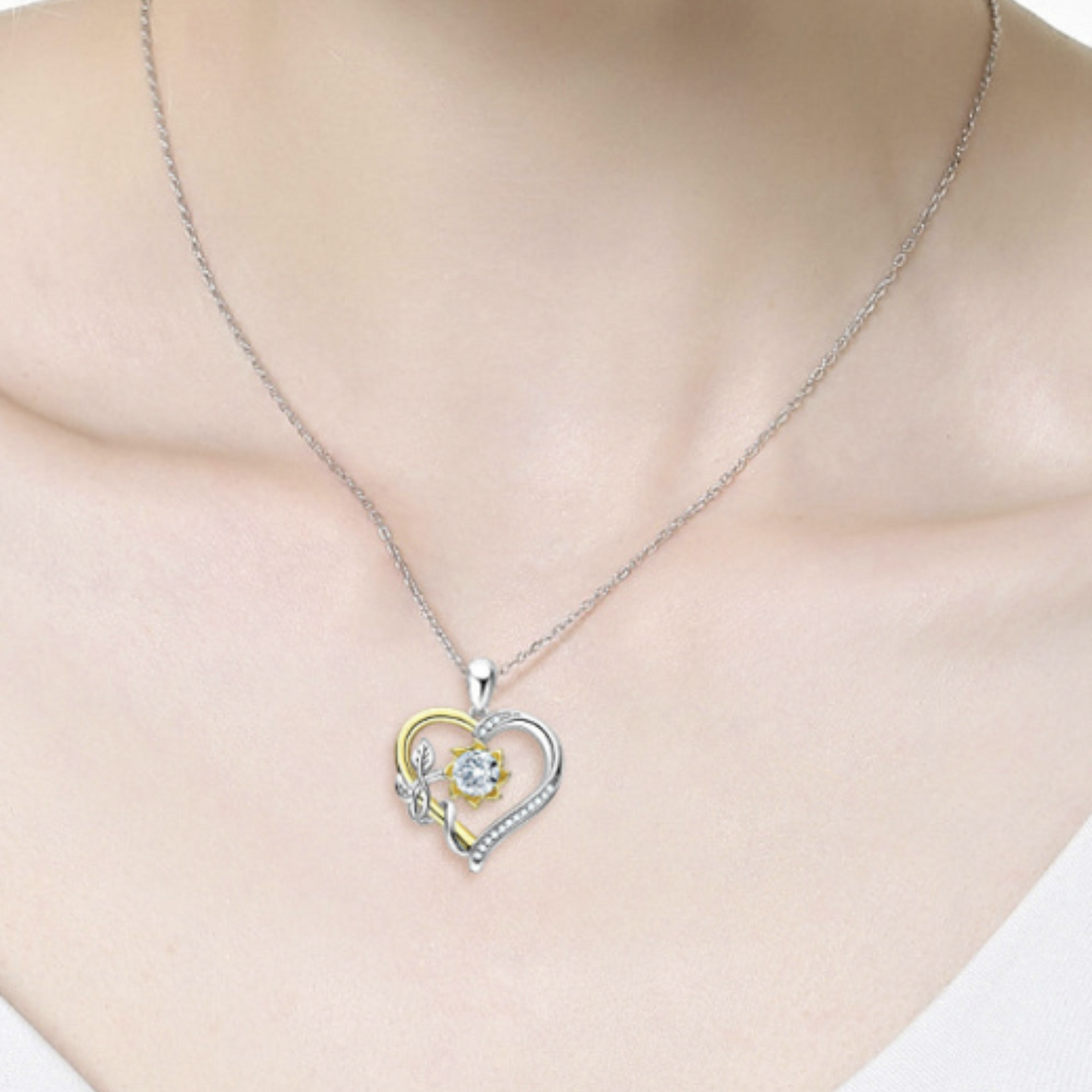Love Blooms Two-Tone 1 Ct Moissanite Heart Pendant Necklace with Zircon Accents