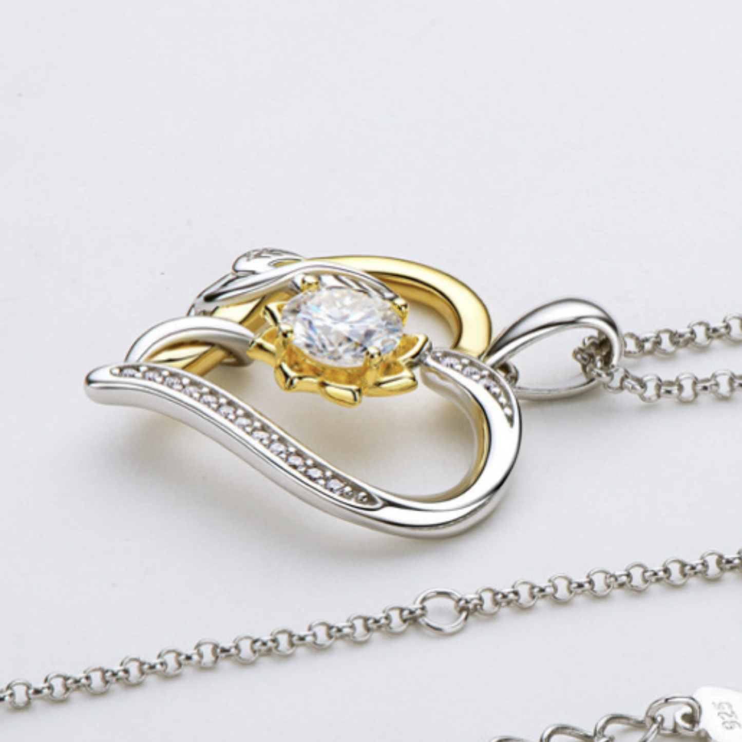 Love Blooms Two-Tone 1 Ct Moissanite Heart Pendant Necklace with Zircon Accents