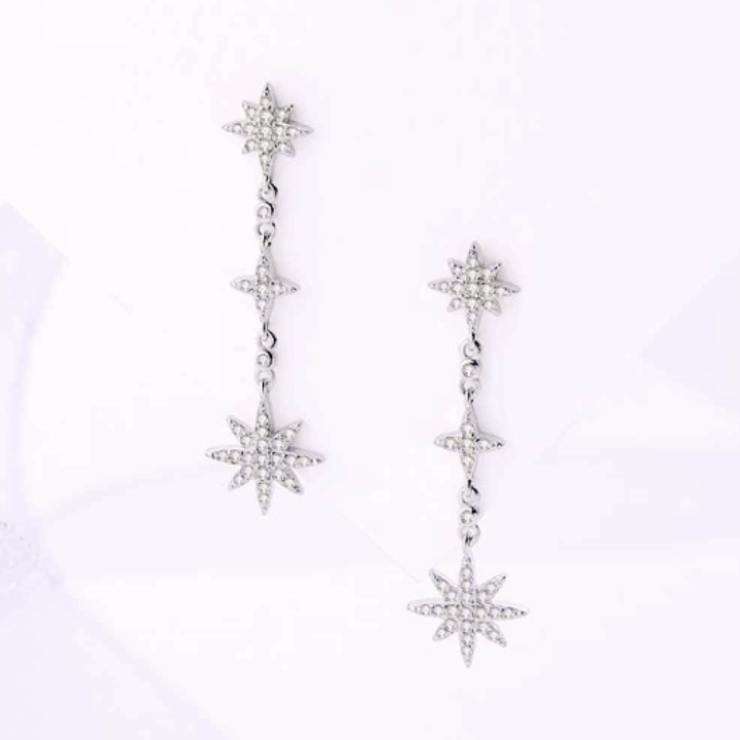 Celestial Stars Silver Drop Earrings with Zircon Accents