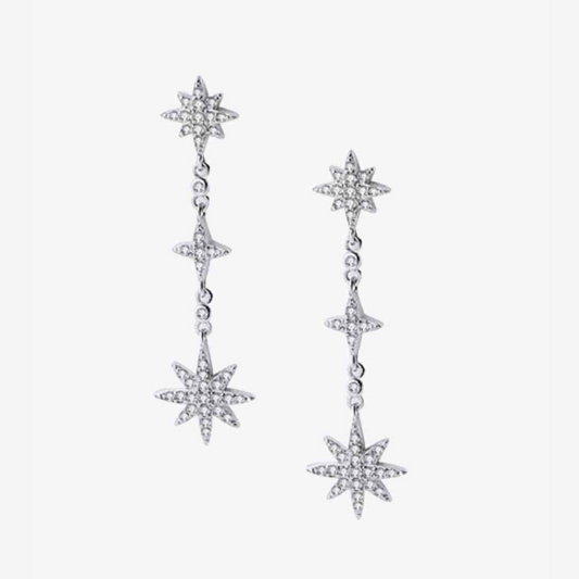 Celestial Stars Silver Drop Earrings with Zircon Accents