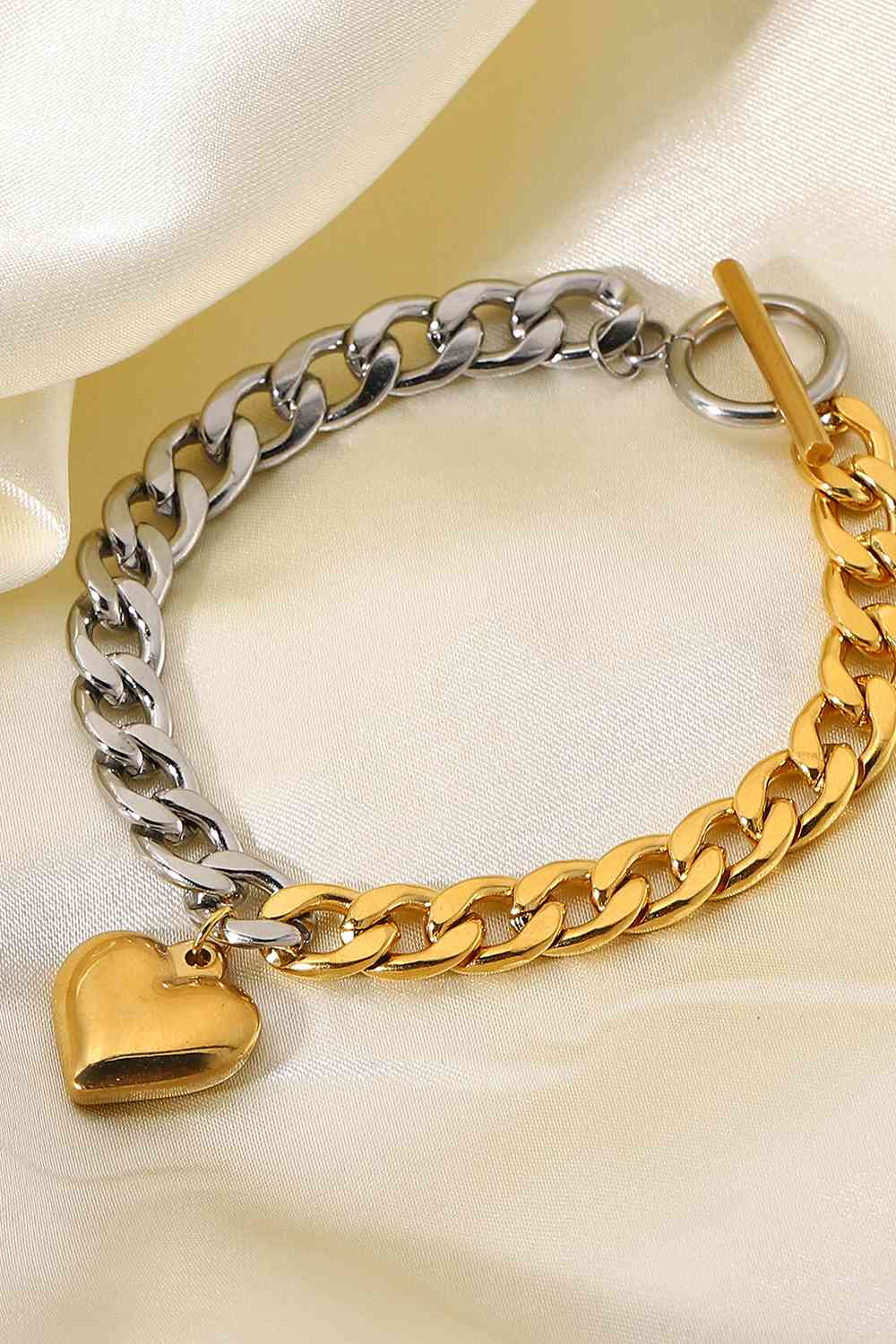 Duo-Tone Dangle Heart Charm Chunky Chain Bracelet