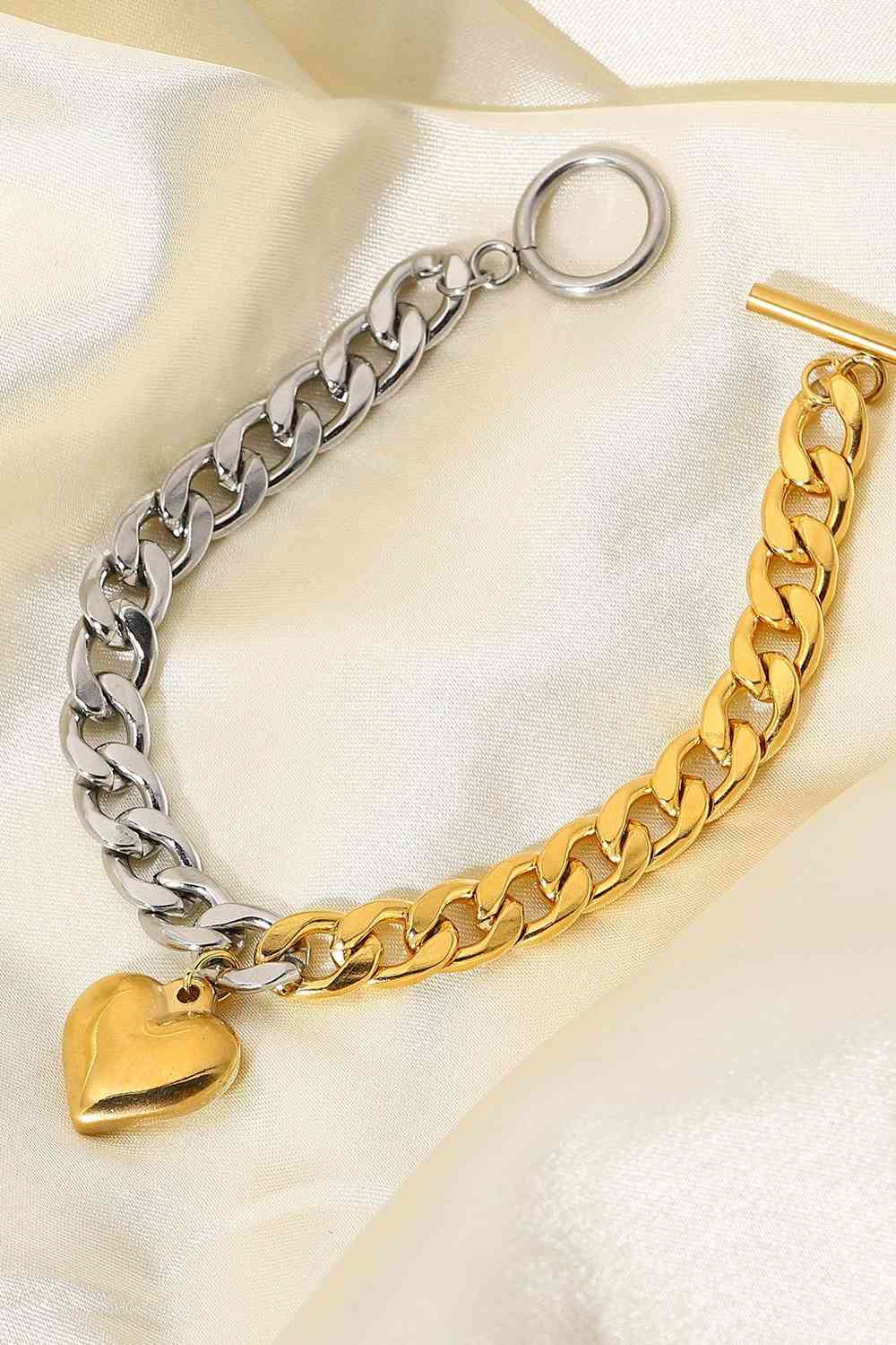 Duo-Tone Dangle Heart Charm Chunky Chain Bracelet