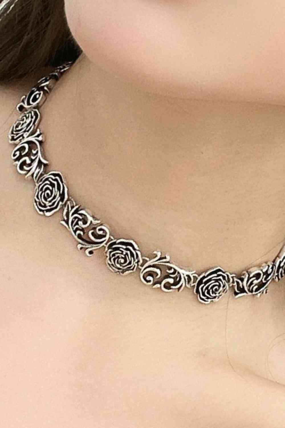 Rose Floral Silver Choker Necklace