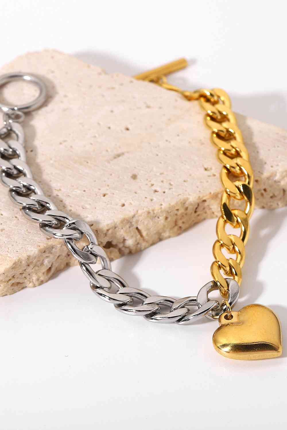 Duo-Tone Dangle Heart Charm Chunky Chain Bracelet