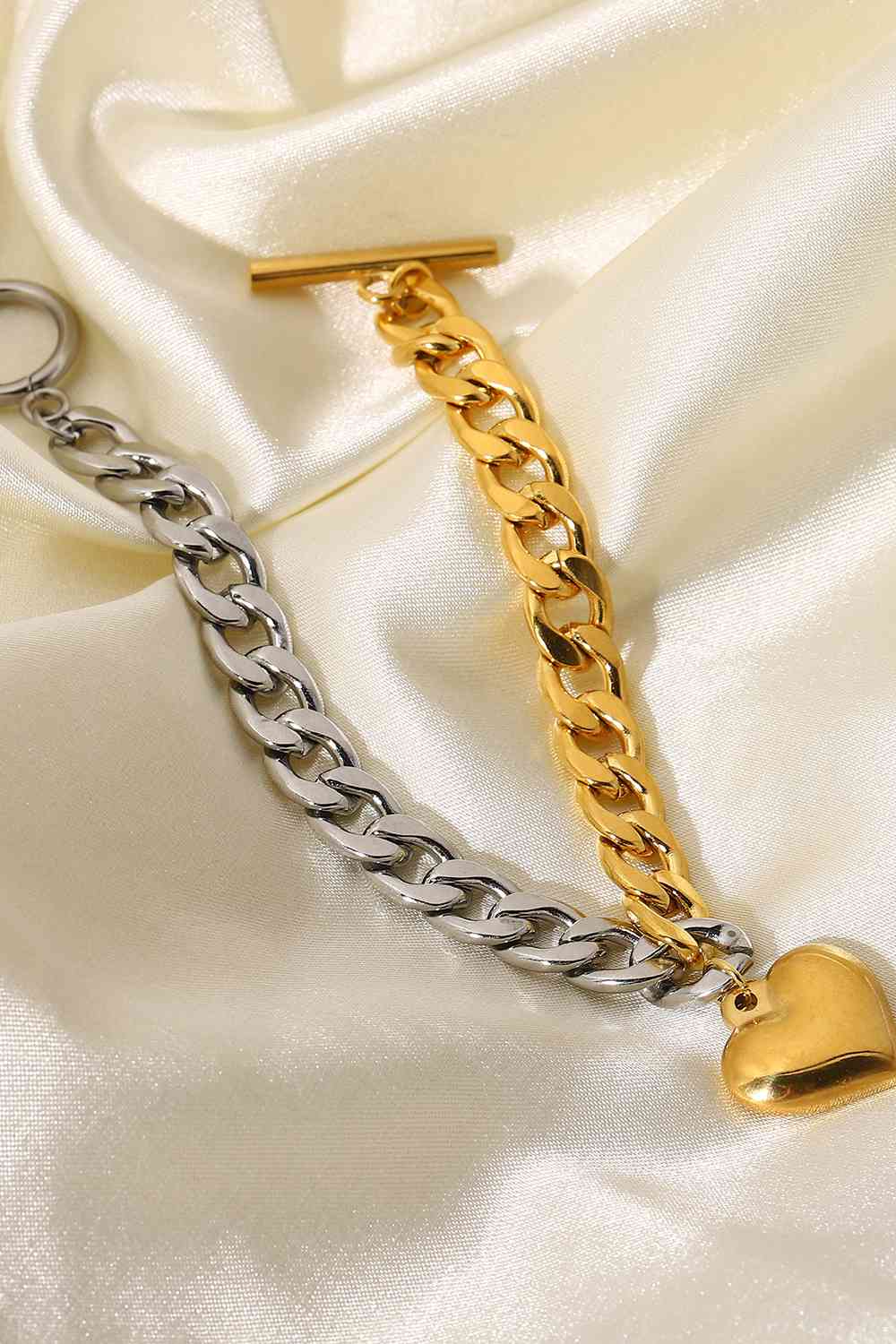 Duo-Tone Dangle Heart Charm Chunky Chain Bracelet