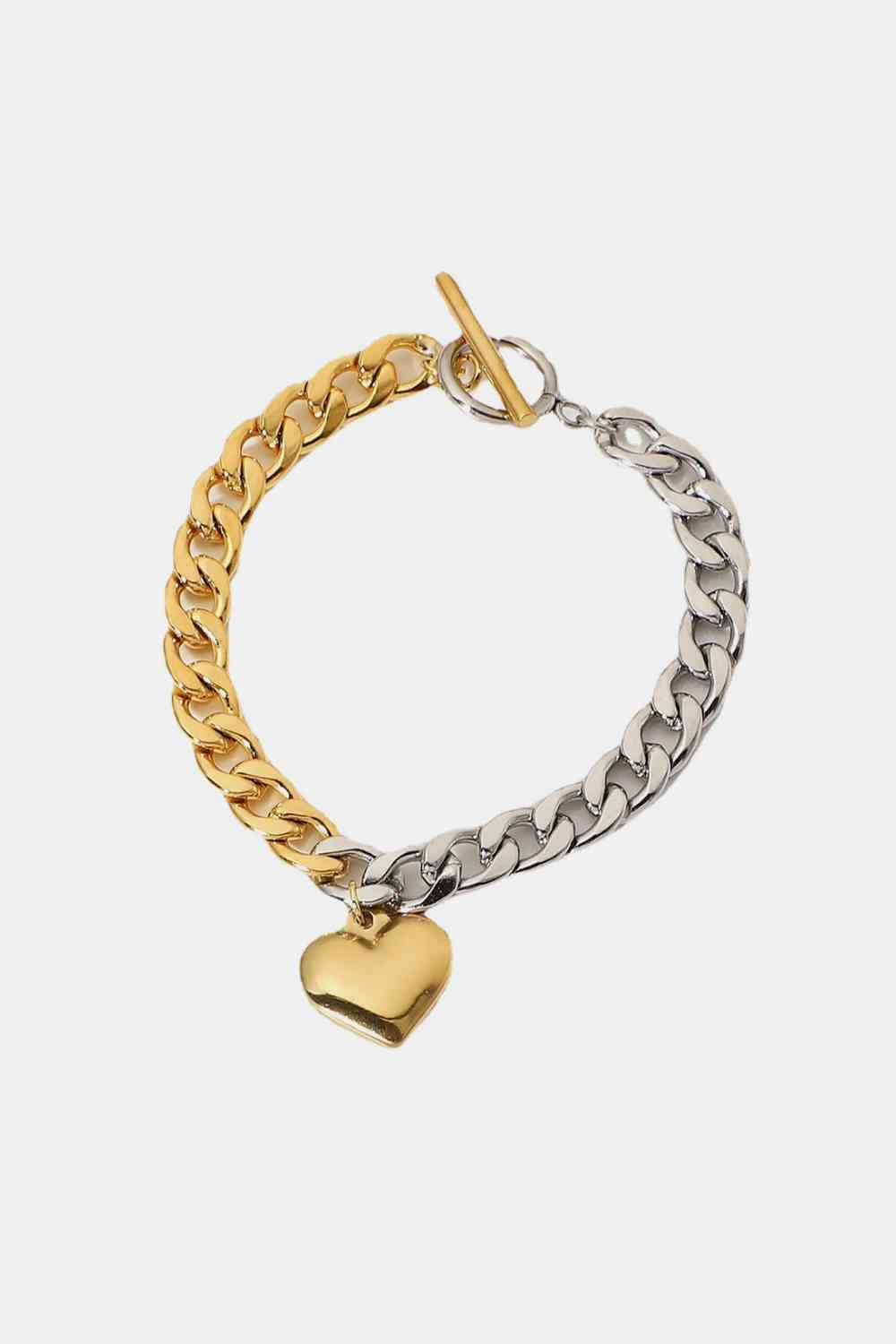 Duo-Tone Dangle Heart Charm Chunky Chain Bracelet