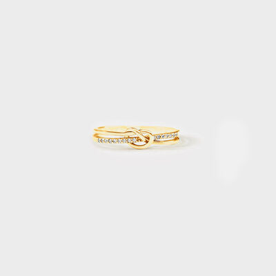 Double-Layer Silver/Gold Zircon Knot Ring
